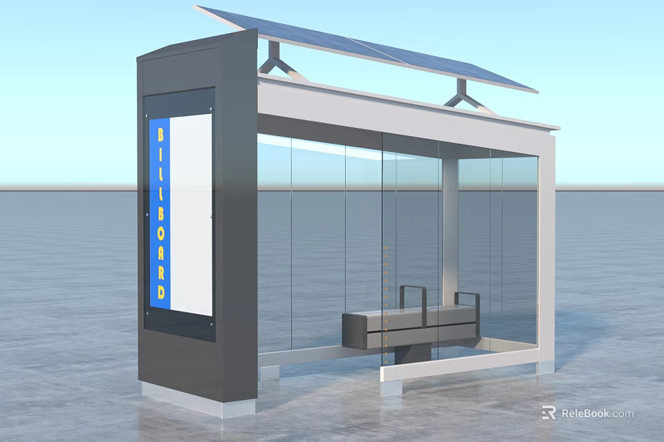 Modern Bus Stop Structure with Solar Panels Transparent Glass and Bench 3d model 