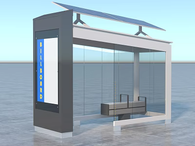 Modern Bus Stop Structure with Solar Panels Transparent Glass and Bench 3d model
