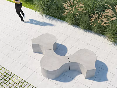 Concrete Outdoor Chair With Unique Curved Design In Garden Patio With Greenery And Stone Path 3d model