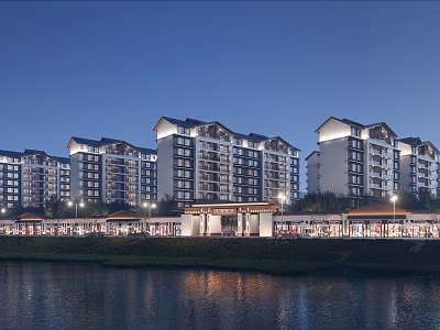 Residential Building Evening View With Commercial Street Waterfront And Lighting 3d model
