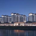 Residential Building Evening View With Commercial Street Waterfront And Lighting