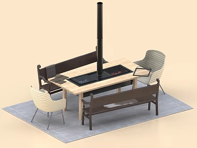 Modern Dining Table Set With Wooden Table Bench And Chairs On Gray Rug 3d model