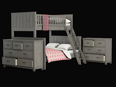 Gray Wooden Bunk Bed with Ladder Lower Mattress Pillows Plaid Sheets and Side Storage Cabinets 3d model