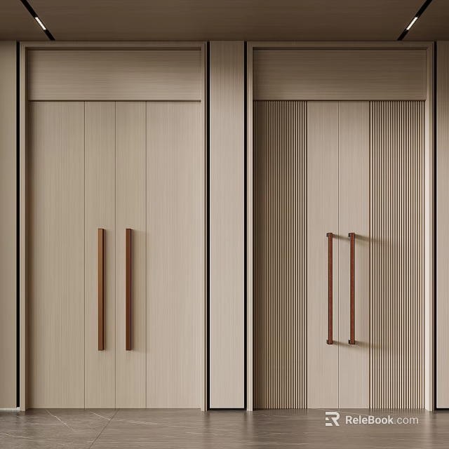 Interior Double Doors With Light Wooden Finish Vertical Slats And Brass Handles 3d model 