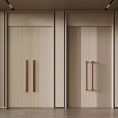 Interior Double Doors With Light Wooden Finish Vertical Slats And Brass Handles 3d model