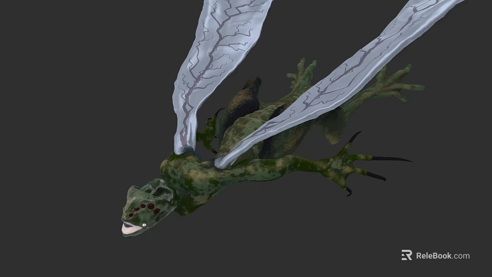 Green Dragon with White Cracked Wings in Flying Posture Sharp Claws and Open Mouth 3d model 