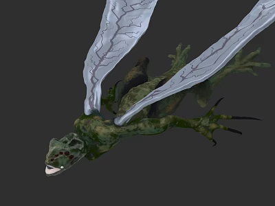 Green Dragon with White Cracked Wings in Flying Posture Sharp Claws and Open Mouth 3d model