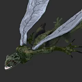 Green Dragon with White Cracked Wings in Flying Posture Sharp Claws and Open Mouth