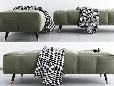 Modern Green Sofa Bench with Houndstooth Pattern Blanket and Metal Legs Design 3d model