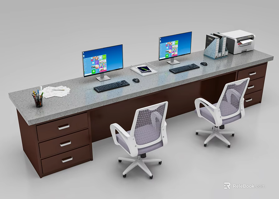 Modern Reception Desk With Two Computer Monitors Printer Office Supplies And White Mesh Chairs 3d model 