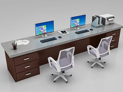 Modern Reception Desk With Two Computer Monitors Printer Office Supplies And White Mesh Chairs 3d model