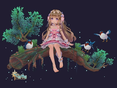 Game Anime Character in Pink Floral Dress Sitting on Tree Branch with Birds 3d model