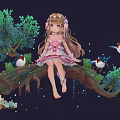Game Anime Character in Pink Floral Dress Sitting on Tree Branch with Birds