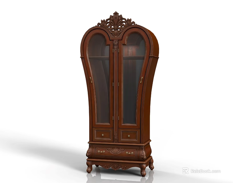 Classic Wooden Wine Cabinet With Carved Details Glass Doors And Ornate Legs 3d model 