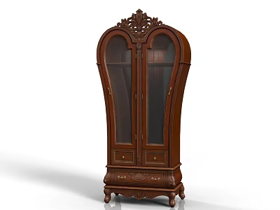 Classic Wooden Wine Cabinet With Carved Details Glass Doors And Ornate Legs 3d model