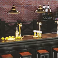 Industrial Bar Counter With Red Brick Wall Black Metal Pendant Lights And Wine Bottles