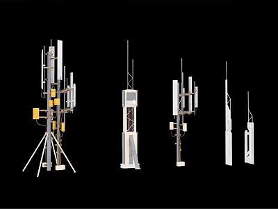 Various Modern Industrial Communication Towers With Antenna Arrays And Metal Supports 3d model