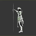 Sci Fi Biomechanical Character In Silver Green Armor Holding Futuristic Polearm Weapon