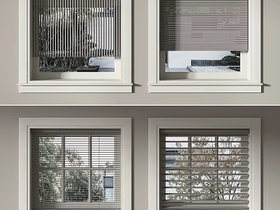 Stylish Home Window Blinds Covering Panels With Outdoor Greenery And Buildings View 3d model