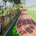 Soccer Field with Green Turf Red Running Track Fence White Building and Surrounding Trees