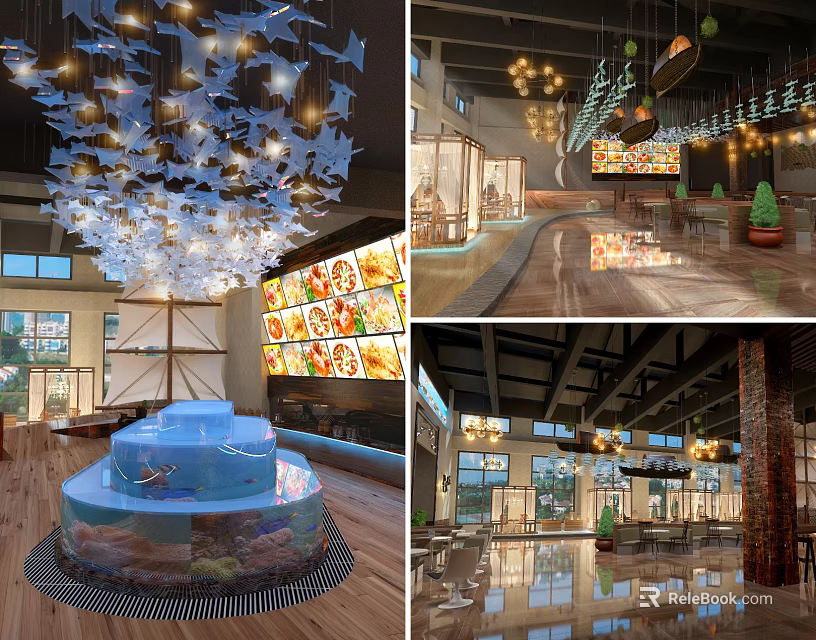 Modern Restaurant Interior With Unique Chandelier Decor Open Space And Display Wall 3d model