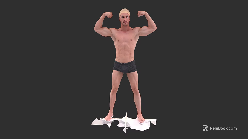 Muscular Man Flexing Biceps In Yellow Headband Black Shorts Standing On White Surface 3d model 