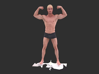 Muscular Man Flexing Biceps In Yellow Headband Black Shorts Standing On White Surface 3d model