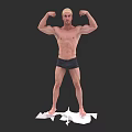 Muscular Man Flexing Biceps In Yellow Headband Black Shorts Standing On White Surface