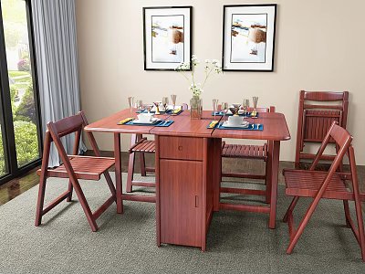Wooden Dining Table Set with Four Chairs Featuring Tableware and Vase in Home Dining Room 3d model