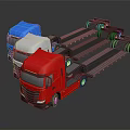 Three Red White Blue Flatbed Trucks With Long Trailers For Transport