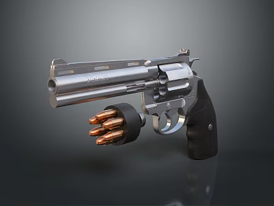 Detailed Vintage Revolver Pistol With Shiny Metal Barrel Black Grip And Bullets 3d model