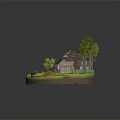 Cartoon Miniature Scene With House Trees Red Car Small Shed And Garden Path
