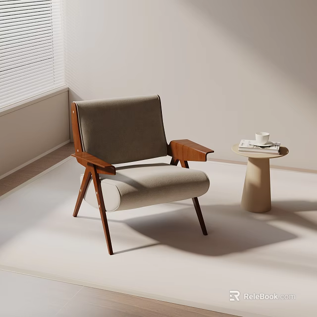 Modern Accent Chair with Wooden Frame Gray Fabric Seat Armrests beside Small Round Side Table in Bright Room 3d model 
