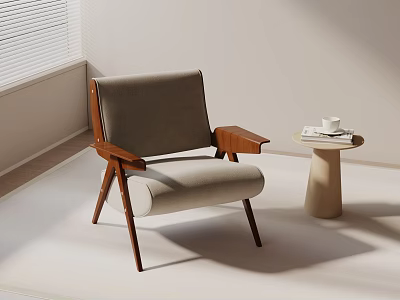 Modern Accent Chair with Wooden Frame Gray Fabric Seat Armrests beside Small Round Side Table in Bright Room 3d model