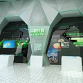 Futuristic Exhibition Hall Interior With Central Blue Column Hexagonal Panels And Interactive Platform