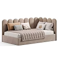 Modern Kids Bed with Stylish Headboard Soft Pillows and Cozy Blanket in Neutral Tones