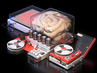 Creative Art Installation Featuring Brain Model in Transparent Cover Vintage Tape Recorder and Control Panel 3d model