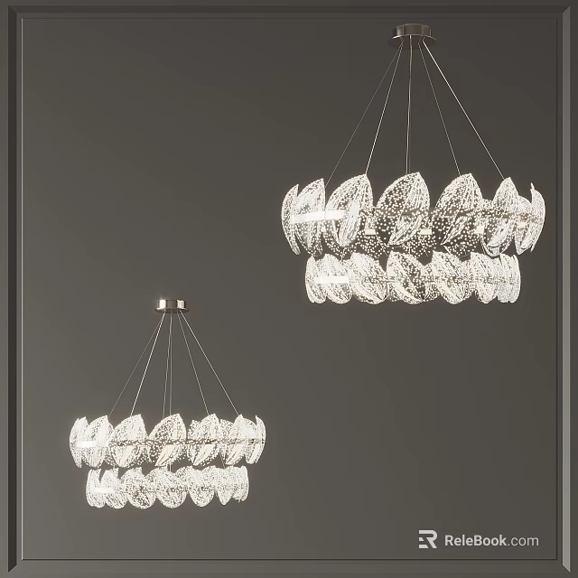 Modern Leaf Shaped Crystal Chandeliers Hanging In Interior Space Design 3d model 