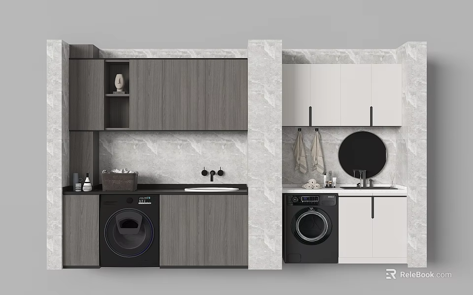 Stylish Home Balcony Interior With Washing Machine Gray White Cabinets And Countertop 3d model 