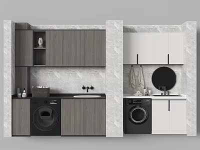 Stylish Home Balcony Interior With Washing Machine Gray White Cabinets And Countertop 3d model