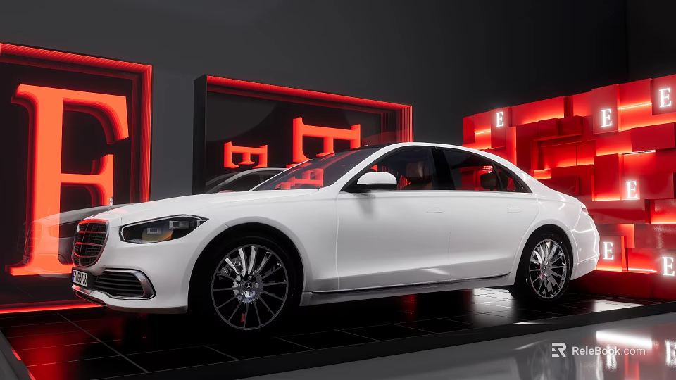 White Sedan Showcased In Modern Exhibition Space With Red Illumination 3d model 