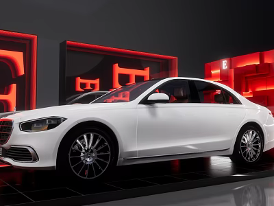 White Sedan Showcased In Modern Exhibition Space With Red Illumination 3d model