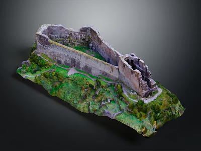 Ancient Castle Ruins Scenic View With Stone Walls And Green Grass Landscape 3d model