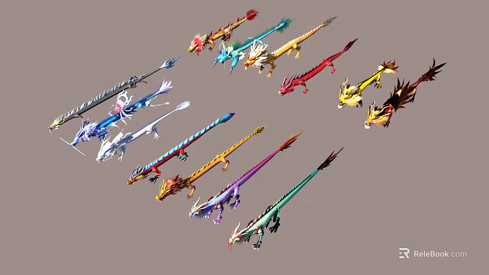 Colorful Flying Dragon Creatures With Various Bright Scales And Wings 3d model 