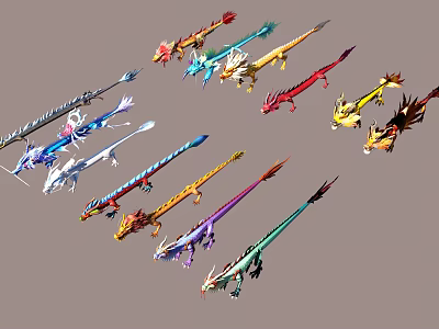 Colorful Flying Dragon Creatures With Various Bright Scales And Wings 3d model