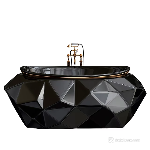 Modern Black Geometric Diamond Design Freestanding Bathtub with Gold Faucet 3d model 