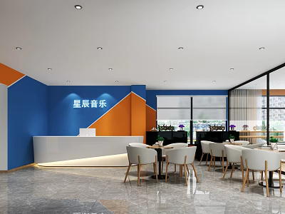 Xingchen Music Reception Area With Blue Orange Walls White Desk And Wooden Tables Chairs 3d model