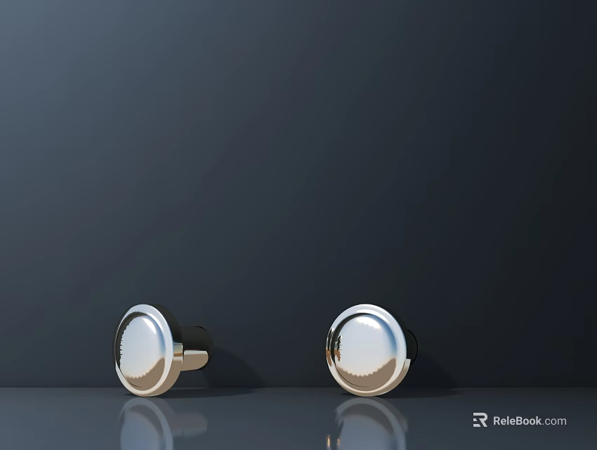 Shiny Round Stainless Steel Cabinet Handles On Dark Reflective Surface 3d model 