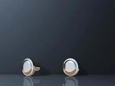Shiny Round Stainless Steel Cabinet Handles On Dark Reflective Surface 3d model