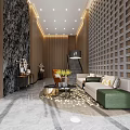 Hotel Lobby Interior Design With Grid Wall Brown Armchair Beige Sofa And Gold Coffee Table